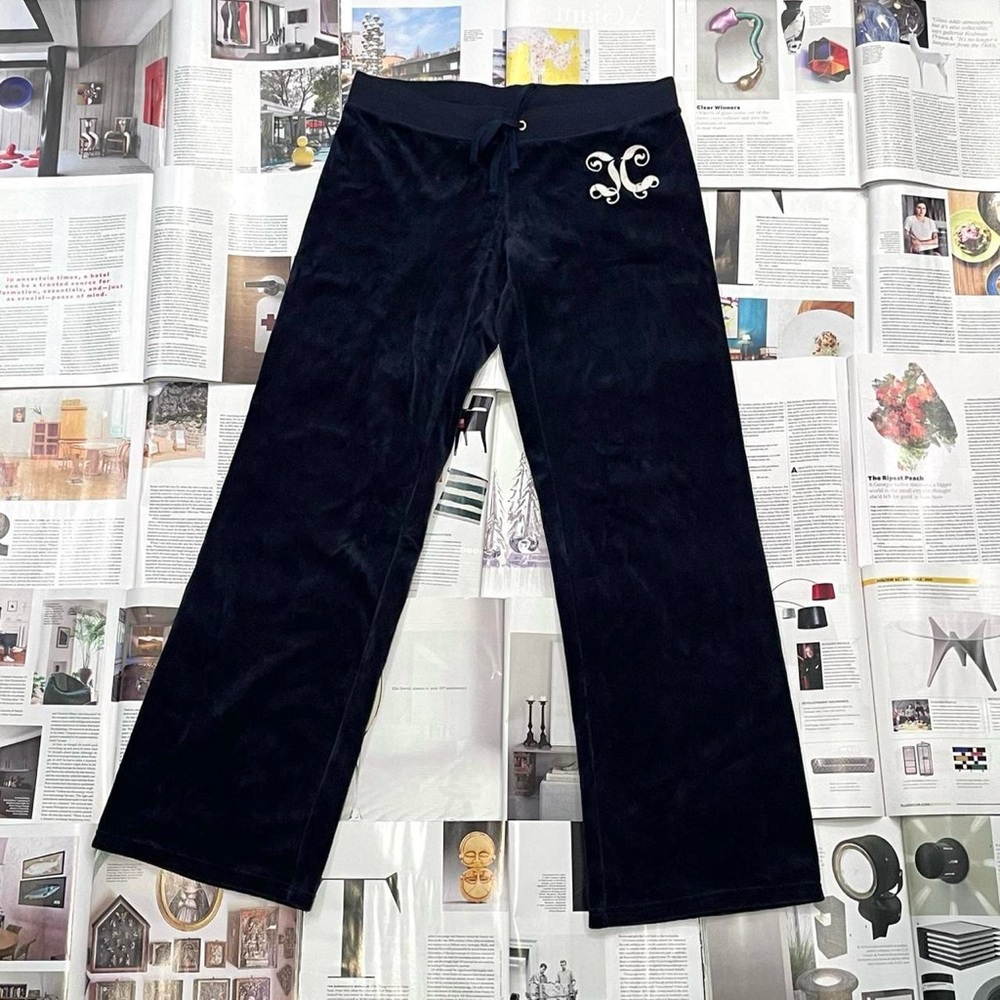 Juicy Couture navy blue wide leg low-rise velour track pants size M